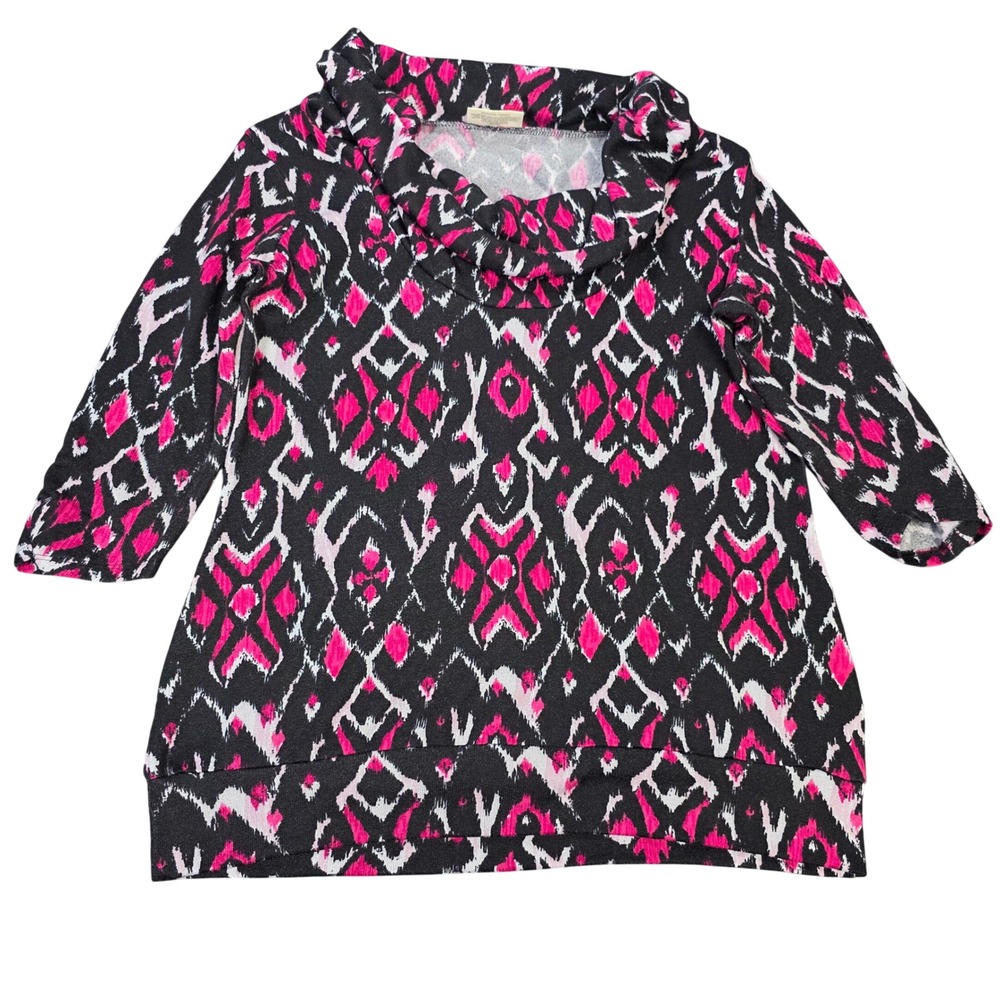 Bobbie‎ Brooks Ikat Cowl Neck Knit Top Women's Size 1X Pink Black 3/4 Sleeve